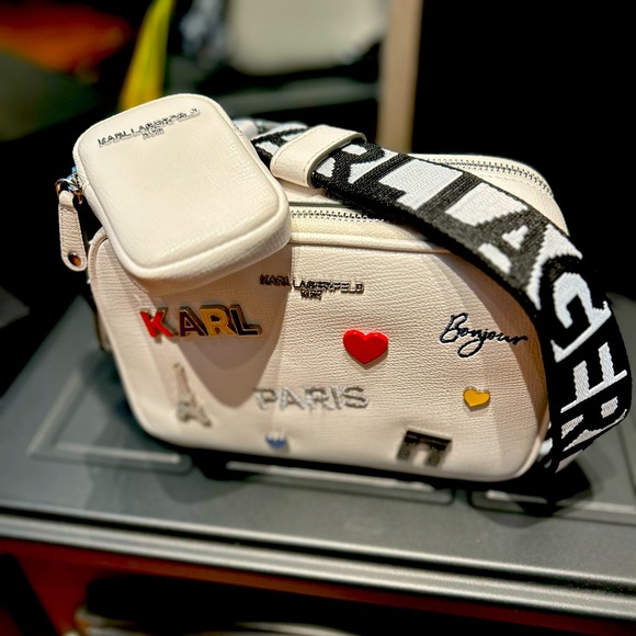 Karl Lagerfeld Maybelle Crossbody Bag purse Double Zip White With Pins And Pouch - Picture 4 of 8